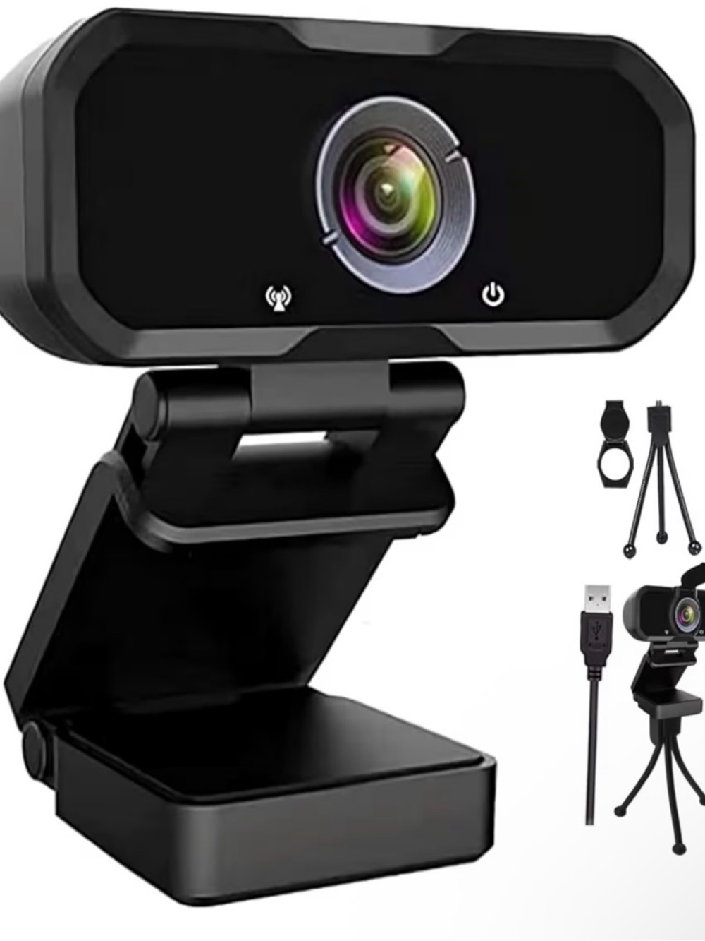 Black USB Webcam with Foldable Clip & tripod legs